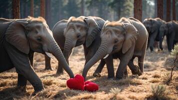 A group of elephants interacting playfully with red heart-shaped objects in a forest. photo