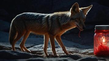 A coyote stands near a glowing jar, creating a mysterious atmosphere in nature. photo