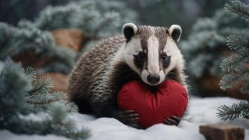 A badger holds a red heart in a snowy, forested setting, evoking warmth and affection. photo