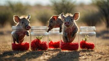 Three piglets playfully interacting with jars filled with red yarn in a natural setting. photo