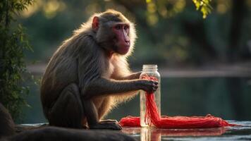 A monkey interacts with a jar of red yarn by a serene water body in natural light. photo