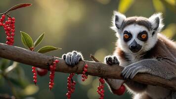 A close-up of a lemur perched on a branch with red berries in a natural setting. photo