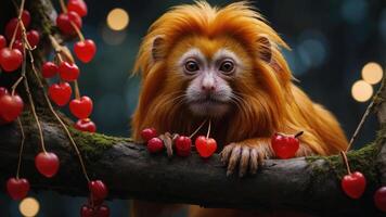 A golden monkey with a vibrant mane sits on a branch surrounded by heart-shaped cherries. photo