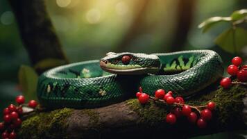 A vibrant green snake rests on a mossy branch adorned with red berries in a lush forest. photo