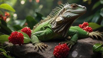 A green iguana resting on a rock surrounded by red berries in a lush environment. photo