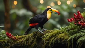 A vibrant toucan perched on mossy terrain with red berries in a lush, green environment. photo