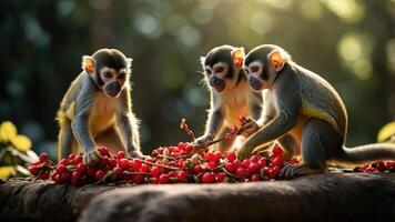 Three monkeys gathered around red fruits in a natural setting. photo