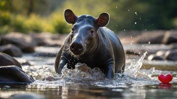 A playful hippo splashes through a river, highlighting wildlife interaction with nature. photo