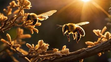 Two bees pollinating flowers with sunlight illuminating the scene. photo