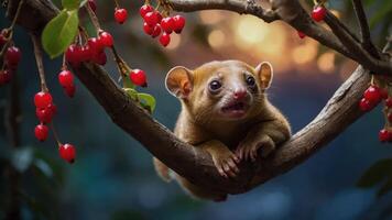A cute animal perched on a branch surrounded by vibrant red berries in a natural setting. photo