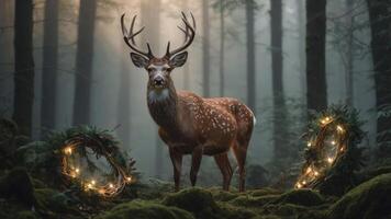 A serene deer stands in a misty forest, surrounded by festive wreaths and soft lights. photo