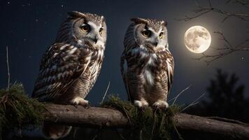 Two owls perched on a branch under a full moon, surrounded by a starry night sky. photo