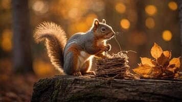 A squirrel gathering twigs for its nest in a serene, autumnal forest setting. photo
