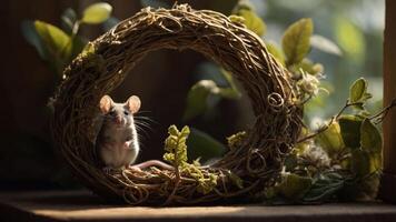 A small mouse sits inside a circular nest made of twigs, surrounded by greenery and sunlight. photo