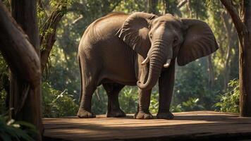 A realistic elephant stands on a wooden platform in a lush, green forest environment. photo