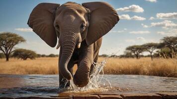 An elephant splashes in water under a sunny sky, surrounded by dry grasslands and trees. photo