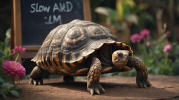 A tortoise in a garden setting, with a chalkboard sign indicating its slow speed. photo