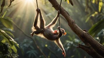 A monkey hanging playfully from a branch in a sunlit jungle. photo