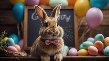 A cute rabbit with a bow tie surrounded by colorful Easter eggs and decorations. photo