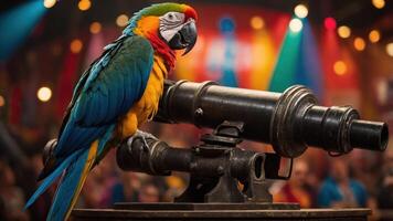 A colorful parrot perched on a cannon in a vibrant, festive setting. photo