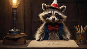 A raccoon in a suit and bowtie sits at a desk with a lamp, looking at a sheet of paper. photo