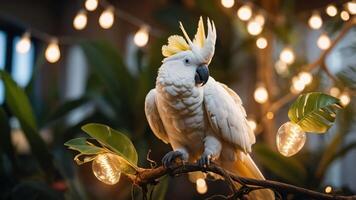 A white cockatoo perched on a branch surrounded by warm string lights and greenery. photo