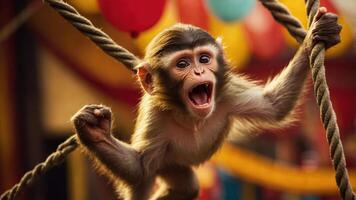 A playful monkey hanging on a rope, expressing excitement in a vibrant setting. photo