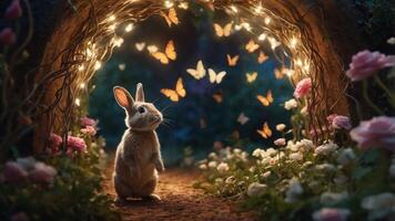 A serene rabbit stands in a magical tunnel adorned with butterflies and blooming flowers. photo