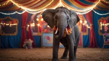A young elephant performs in a colorful circus setting, surrounded by festive decorations. photo