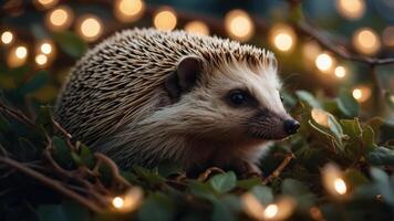 A hedgehog resting among greenery with soft glowing lights in the background. photo