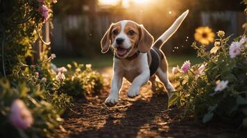 A playful beagle puppy running joyfully through a flower garden at sunset. photo