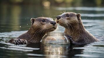 Two otters playfully interact with a glass jar in a serene water setting. photo