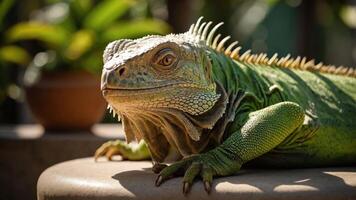 A close-up of a green iguana resting on a surface, showcasing its vibrant scales and features. photo