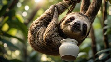 A sloth hanging playfully in a lush environment, holding a small white pot. photo