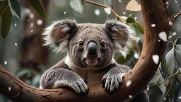 A koala resting on a branch, surrounded by leaves and a serene atmosphere. photo