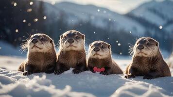 Four otters in the snow, playfully posing with a heart-shaped object. photo