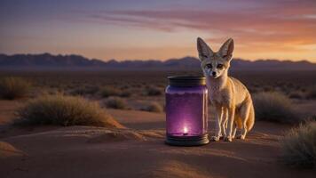 A fennec fox stands beside a glowing jar in a desert landscape at sunset. photo