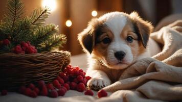 A cute puppy resting beside a basket of raspberries and a pine branch. photo