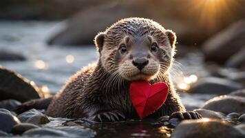 An otter holds a red heart-shaped object in its mouth by a river, capturing a playful moment. photo