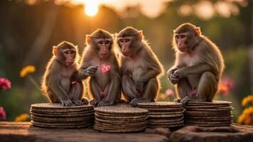 Four monkeys sitting on stacks of round objects, with a sunset backdrop and one holding a heart. photo