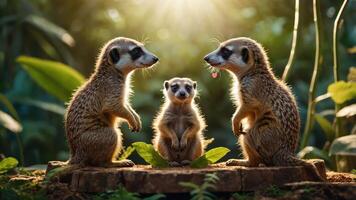 Three meerkats interacting in a lush, sunlit environment. photo