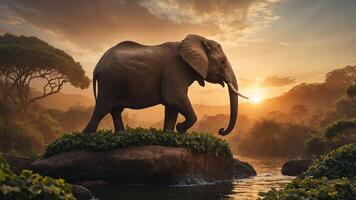 An elephant standing majestically on a rock by a river at sunset, surrounded by lush greenery. photo