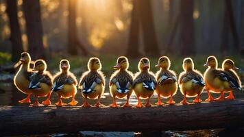 A charming lineup of ducks perched on a log during golden hour in a serene environment. photo