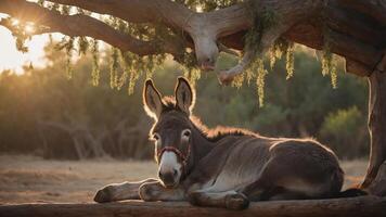 A serene donkey resting under a tree during sunset, creating a peaceful rural atmosphere. photo
