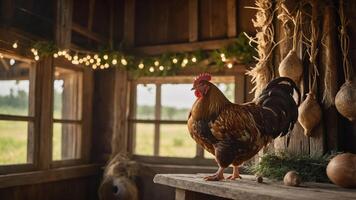 A rooster stands on a wooden table in a rustic barn, surrounded by warm lighting and decor. photo