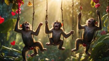 Three playful monkeys swinging on vines in a vibrant jungle setting filled with flowers. photo