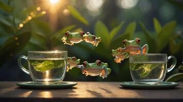 Frogs jumping between cups of tea with leaves, capturing a whimsical moment in nature. photo