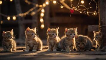 A group of playful kittens gathered together, illuminated by soft string lights. photo