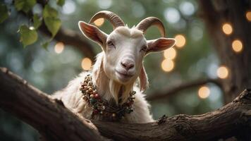 A goat adorned with a bell necklace, perched on a tree branch, surrounded by soft lights. photo