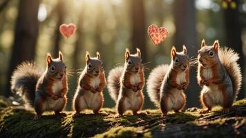Five adorable squirrels standing together on a log, with hearts floating above them. photo